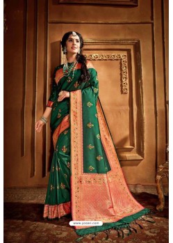 Dark Green Latest Designer Party Wear Silk Wedding Sari