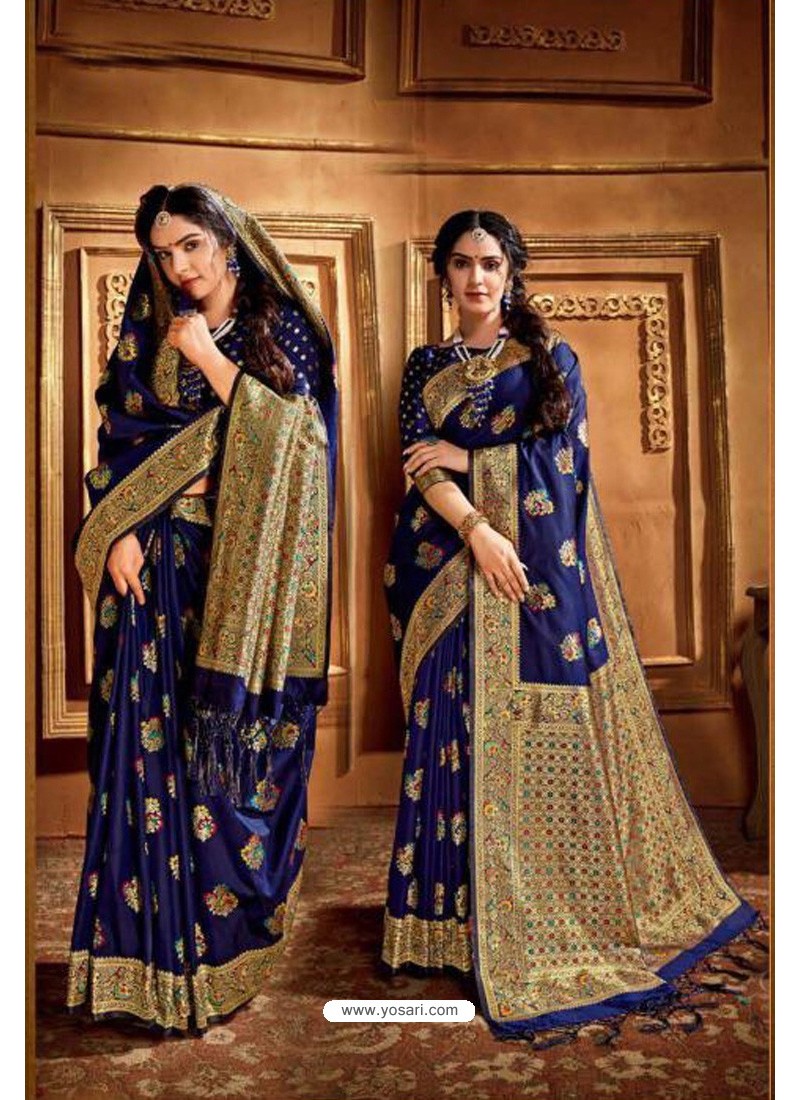 Royal Blue Color Printed Pure Silk Saree