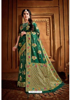 Dark Green Latest Designer Party Wear Silk Wedding Sari