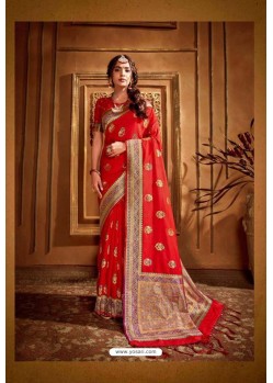 Tomato Red Latest Designer Party Wear Silk Wedding Sari