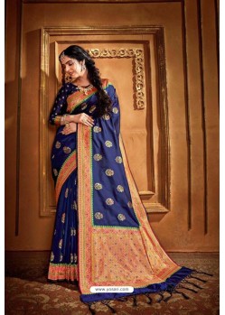 Dark Blue Latest Designer Party Wear Silk Wedding Sari