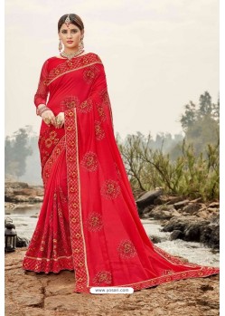 Red Latest Designer Party Wear Silk Wedding Sari