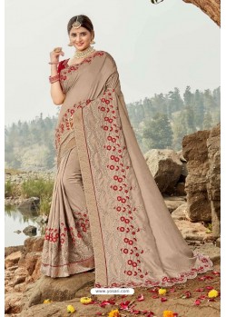 Beige Latest Designer Party Wear Silk Wedding Sari