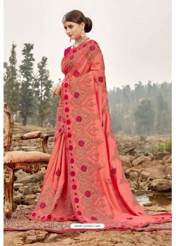 Peach Latest Designer Party Wear Silk Wedding Sari