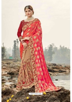 Beige And Orange Latest Designer Party Wear Silk Wedding Sari