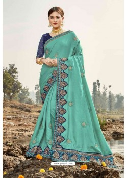 Aqua Mint Latest Designer Party Wear Silk Wedding Sari