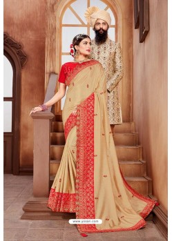 Beige Latest Designer Embroidered Party Wear Silk Wedding Sari