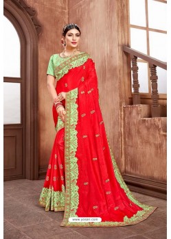 Red Latest Designer Embroidered Party Wear Silk Wedding Sari