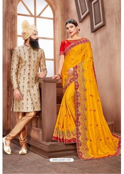 Yellow Latest Designer Embroidered Party Wear Silk Wedding Sari