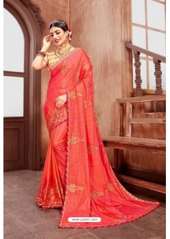 Peach Latest Designer Embroidered Party Wear Silk Wedding Sari