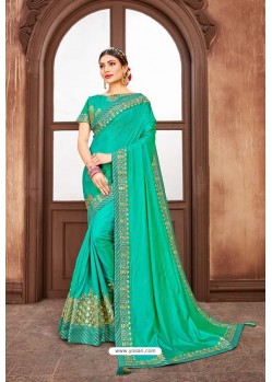 Aqua Mint Latest Designer Embroidered Party Wear Silk Wedding Sari