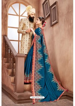 Teal Blue Latest Designer Embroidered Party Wear Silk Wedding Sari