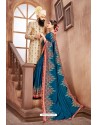 Teal Blue Latest Designer Embroidered Party Wear Silk Wedding Sari