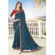 Teal Blue Latest Designer Embroidered Party Wear Silk Wedding Sari