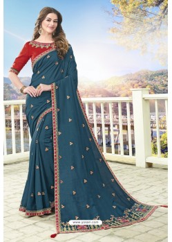 Teal Blue Latest Designer Embroidered Party Wear Silk Wedding Sari
