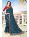 Teal Blue Latest Designer Embroidered Party Wear Silk Wedding Sari