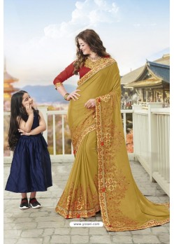 Mustard Latest Designer Embroidered Party Wear Silk Wedding Sari