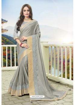Silver Latest Designer Embroidered Party Wear Silk Wedding Sari