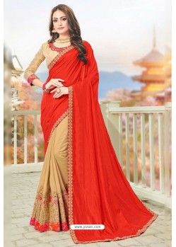 Red Latest Designer Embroidered Party Wear Silk Wedding Sari
