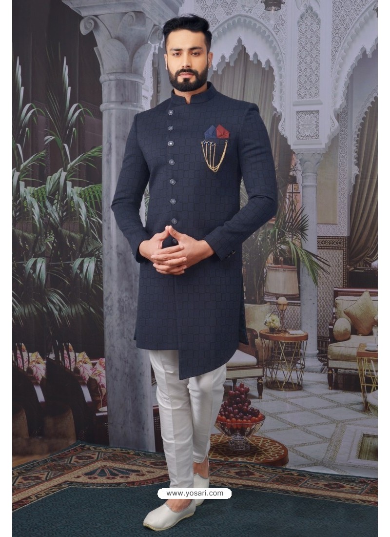 Nawabi Cream Mens Silk Sherwani With Ethnic Print All Over – Suvidha Fashion