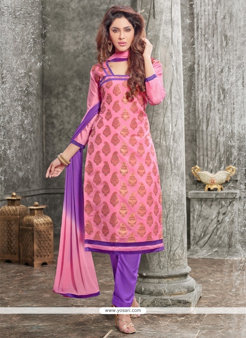 Fashionable Chanderi Pink Lace Work Churidar Designer Suit