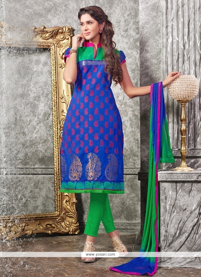 Sorcerous Blue Lace Work Chanderi Churidar Designer Suit
