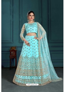 Sky Blue Heavy Embroidered Designer Net Wedding Lehenga Choli