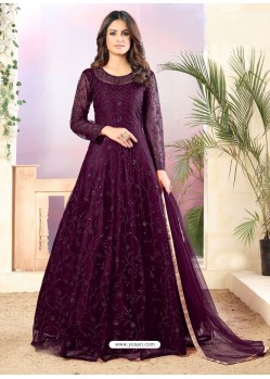 Purple Designer Embroidered Net Straight Salwar Suit