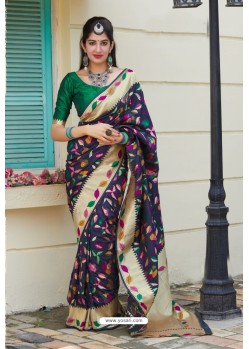 Navy Blue Designer Weaving Banarasi Silk Classic Wear Sari