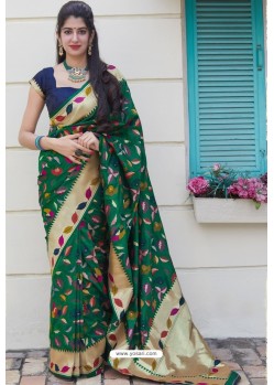 Dark Green Designer Weaving Banarasi Silk Classic Wear Sari