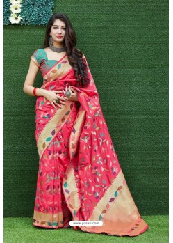 Hot Pink Designer Weaving Banarasi Silk Classic Wear Sari