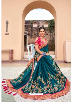 Teal Blue Latest Designer Party Wear Satin Georgette Wedding Sari