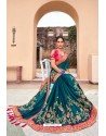 Teal Blue Latest Designer Party Wear Satin Georgette Wedding Sari