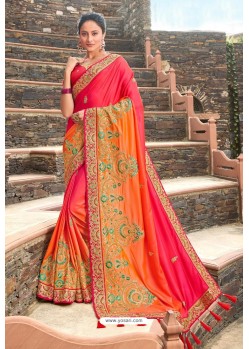 Dark Peach Latest Designer Party Wear Satin Georgette Wedding Sari