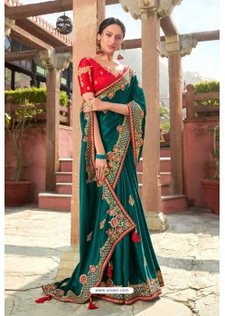 Teal Latest Designer Party Wear Satin Georgette Wedding Sari