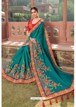 Teal Latest Designer Party Wear Satin Georgette Wedding Sari