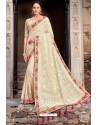 Cream Latest Designer Party Wear Satin Georgette Wedding Sari