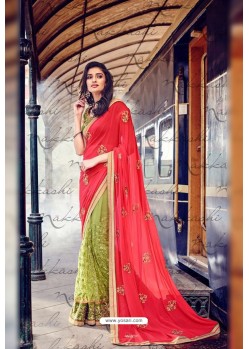 Green And Red Heavy Embroidered Designer Wear Wedding Sari