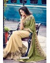 Cream And Green Heavy Embroidered Designer Wear Wedding Sari