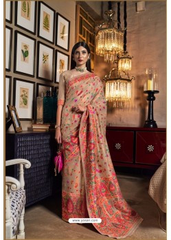 Beige Designer Pure Kashmiri Modal Weaving Silk Classic Wear Sari