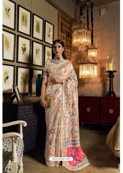 Light Beige Designer Pure Kashmiri Modal Weaving Silk Classic Wear Sari