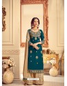 Teal Blue Designer Pure Chinon Party Wear Palazzo Suit