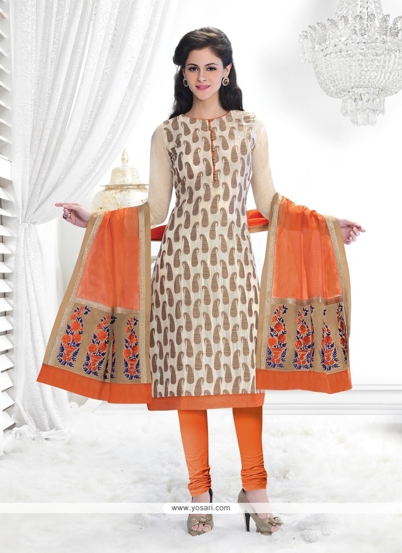 Fab Cream Lace Work Chanderi Churidar Salwar Suit