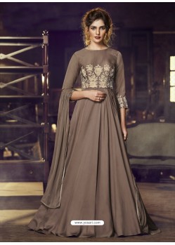 Camel Heavy Designer Embroidered Party Wear Gown Style Anarkali Suit