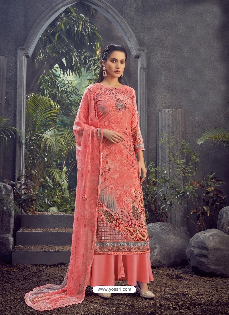 Peach Color Inventive Palazzo Suit In Fine Lawn Cotton Aari