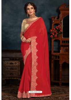 Red Latest Designer Party Wear Poly Silk Sari