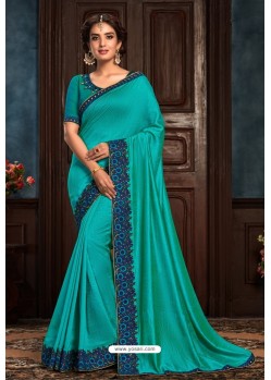 Turquoise Latest Designer Party Wear Poly Silk Sari