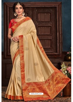 Light Beige Latest Designer Party Wear Poly Silk Sari