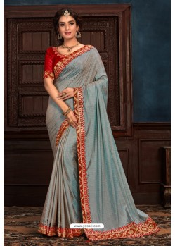 Aqua Grey Latest Designer Party Wear Poly Silk Sari