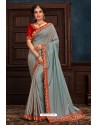 Aqua Grey Latest Designer Party Wear Poly Silk Sari